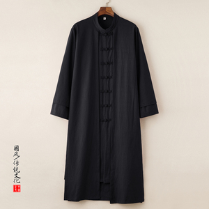 QT715-827-P130风棉麻长袍男复古盘扣立领唐装风衣中长款-黑图片