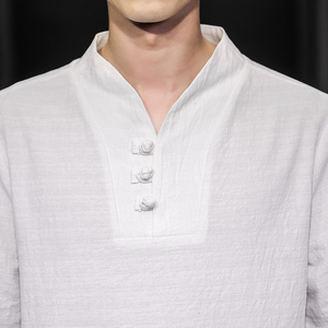 QT715-7026-P35夏季风V领汉服五分袖T恤棉麻男短袖体恤-蓝图片