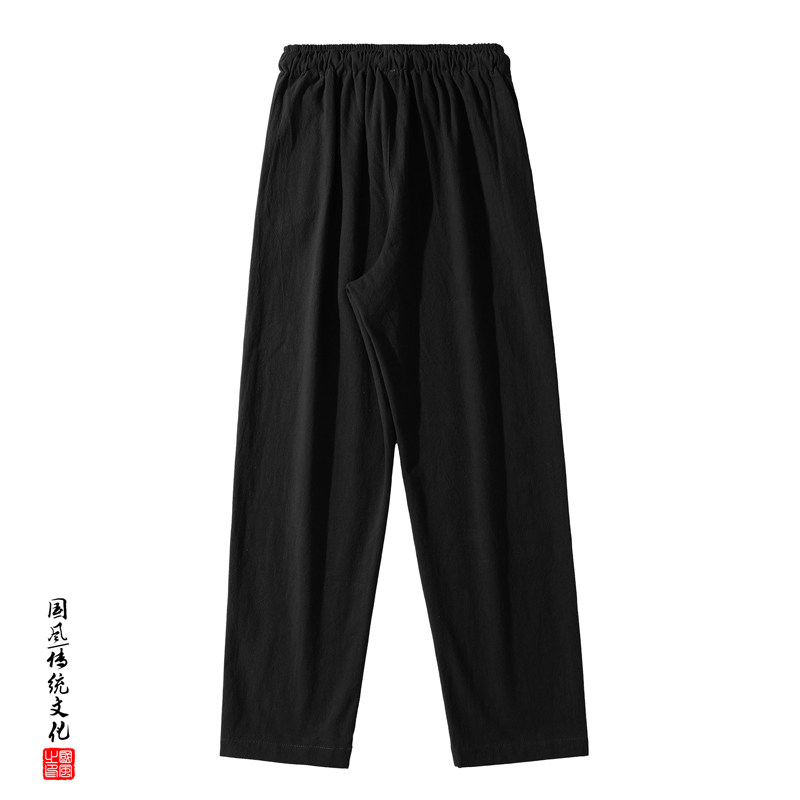 QT715-7090-P38百搭棉麻休闲男宽松直筒大码运动风裤子-黑,男装休闲裤,钱塘715
