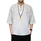QT715-T1-P60夏季风棉麻提花盘扣V领短袖T恤男中袖小衫-白，男装T恤，钱塘715
