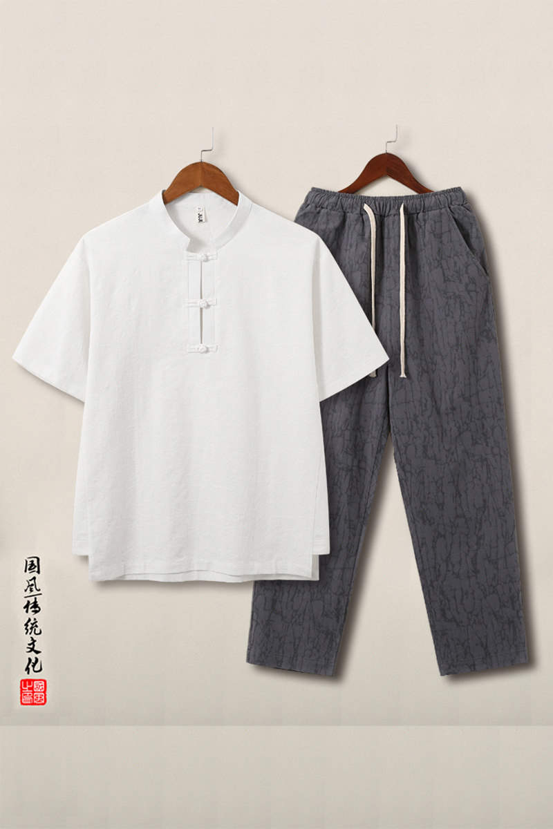 QT715-TZ815-P115夏季风提花棉麻短袖T恤套装男大码盘扣立领1,男装T恤,钱塘715
