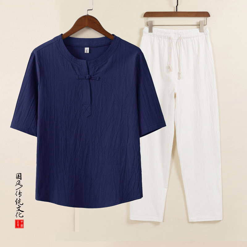 QT715-TZ7025-P73风棉麻两件套男中年短袖T恤套装-8图片