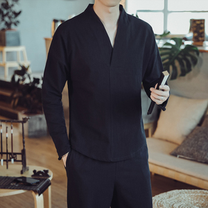 QT715-7029-P40风秋季中式棉麻长袖T恤复古汉服打底唐装-白图片