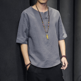 QT715-7025-P35夏季风V领汉服七分袖T恤棉麻男短袖体恤-黑，男装T恤，钱塘715