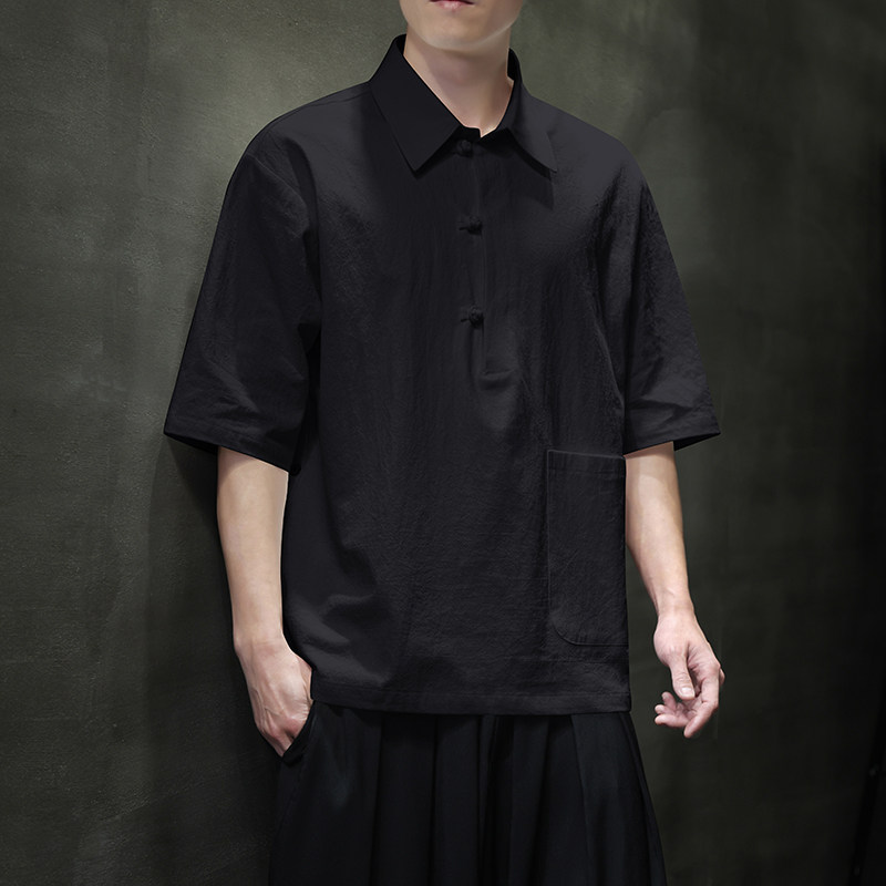 QT715-823-P55夏季风棉麻短袖T恤盘扣衬衫领日系宽松体恤-黑,男装T恤,钱塘715