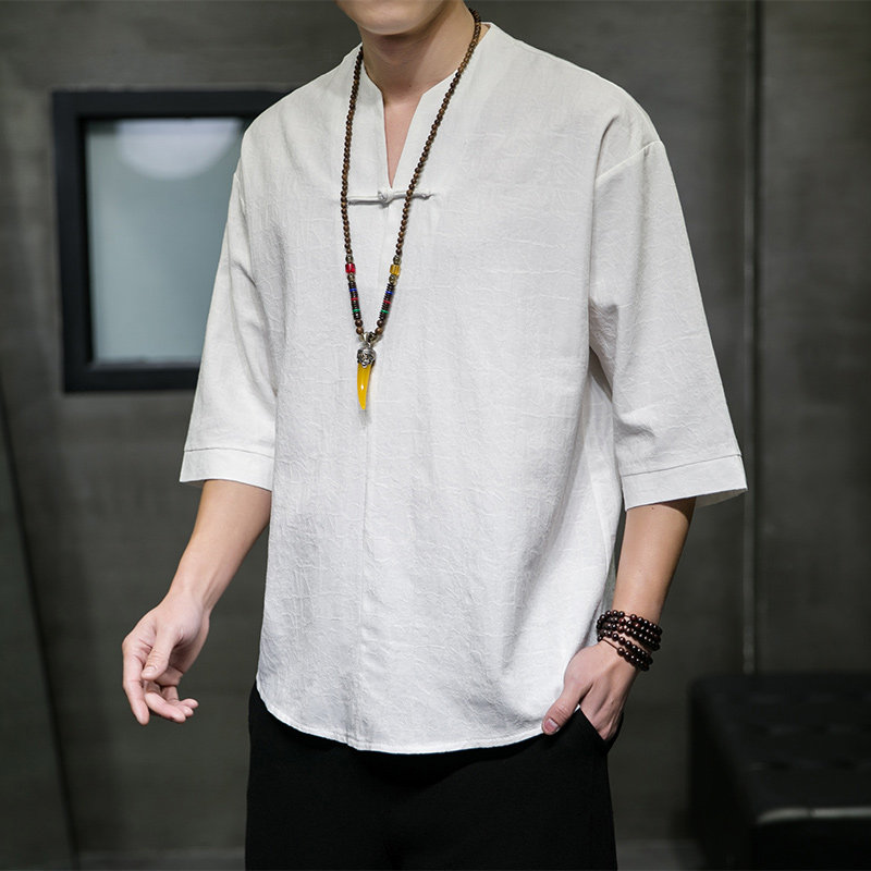 QT715-T1-P60夏季风棉麻提花盘扣V领短袖T恤男中袖小衫-白，男装T恤，钱塘715