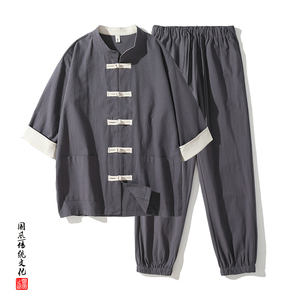 QT715-TZ7070-P90风棉麻短袖衬衫套装男女工装唐装两件套-红