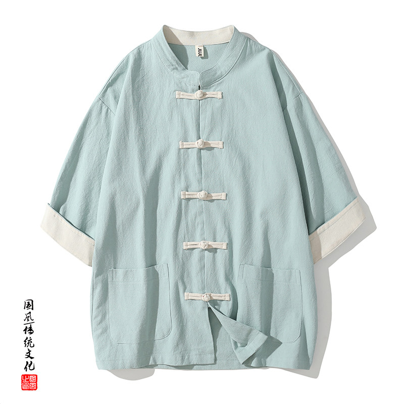 QT715-TZ7070-P90风棉麻短袖衬衫套装男女工装唐装两件套-红,男装衬衫,钱塘715
