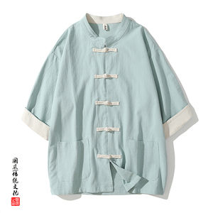 QT715-TZ7070-P90风棉麻短袖衬衫套装男女工装唐装两件套-绿图片