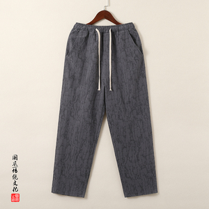 QT715-K899-P55风春秋棉麻提花休闲裤男直筒宽松大码裤子-灰图片