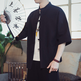 QT715-C7210-P55夏季风棉麻短衬衫盘扣唐装中式五分袖衬衣-白，男装衬衫，钱塘715