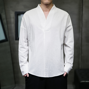 QT715-7029-P40风春秋棉麻长袖T恤中式复古汉服打底唐装-白图片