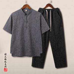 QT715-TZ815-P115夏季风提花棉麻短袖T恤套装男大码盘扣立领3图片