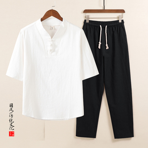 QT715-TZ7026-P73风套装男士棉麻短袖T恤盘扣两件套-1图片