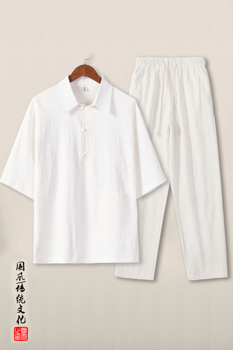 QT715-TZ823-P90夏季风棉麻T恤套装男宽松潮唐装两件套-1,男装T恤,钱塘715