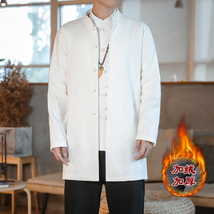 QT715-804-P80風(fēng)秋冬棉麻加絨加厚襯衫中長(zhǎng)款風(fēng)衣復(fù)古中式-白圖片