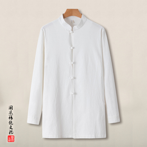 QT715-C7211-P65春秋风棉麻中长款风衣男中式唐装长袖衬衣-白图片