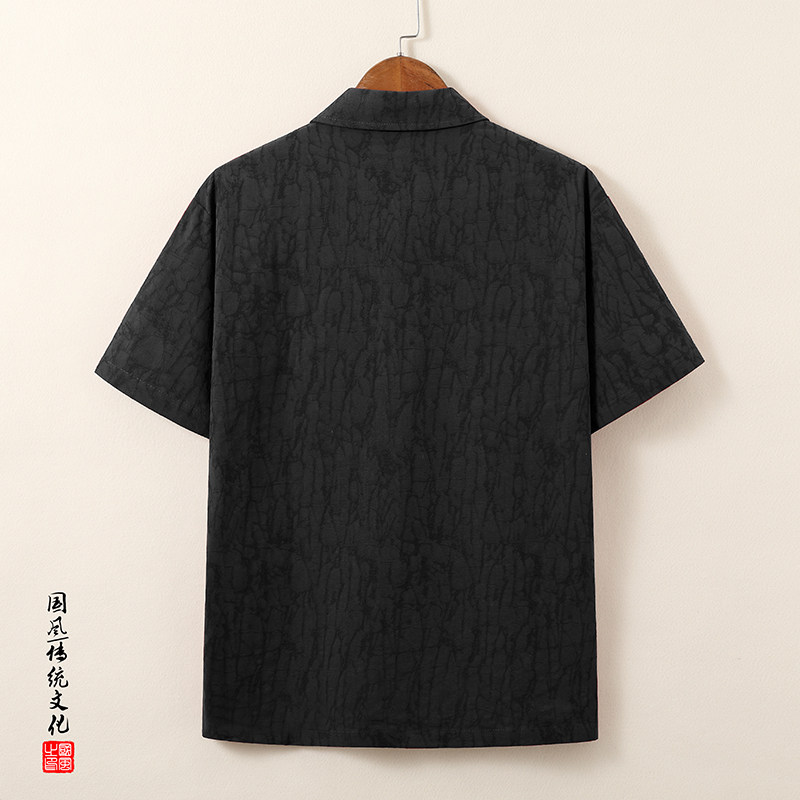 QT715-T816-P65风棉麻提花短袖T恤男复古衬衫领小衫-黑,男装T恤,钱塘715