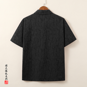 QT715-T816-P65风棉麻提花短袖T恤男复古衬衫领小衫-黑图片