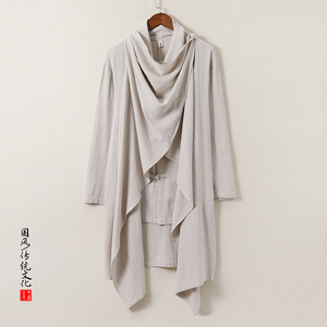 QT715-C818-P115风亚麻古装禅修假两件衬衫汉服居士风衣男-黑图片
