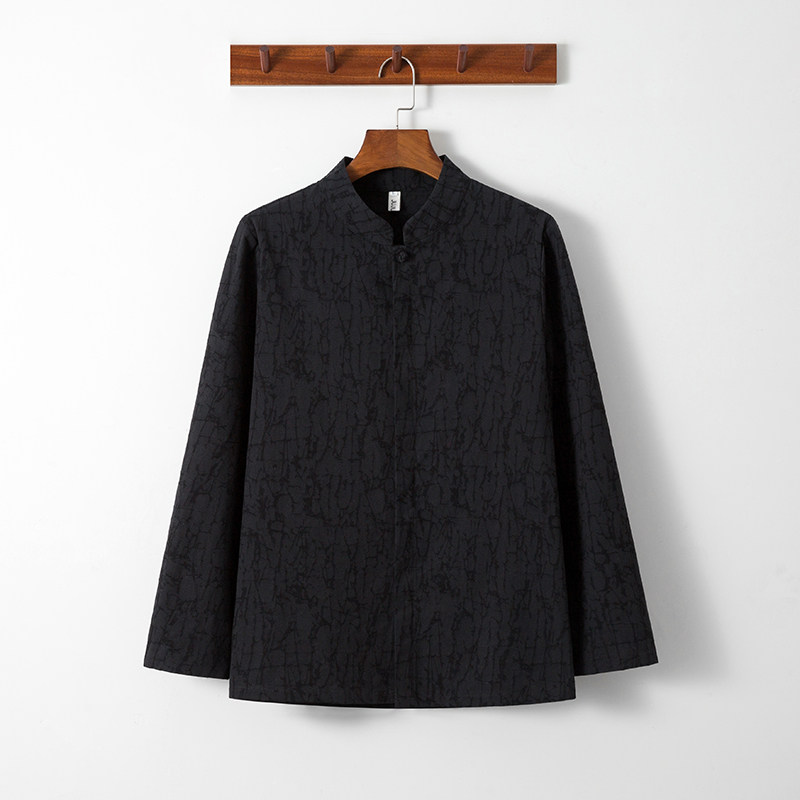 QT715-C7-P65风棉麻长袖衬衫男提花立领盘扣休闲上衣-黑色，男装衬衫，钱塘715