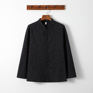 QT715-C7-P65风棉麻长袖衬衫男提花立领盘扣休闲上衣-黑色,男装衬衫,钱塘715