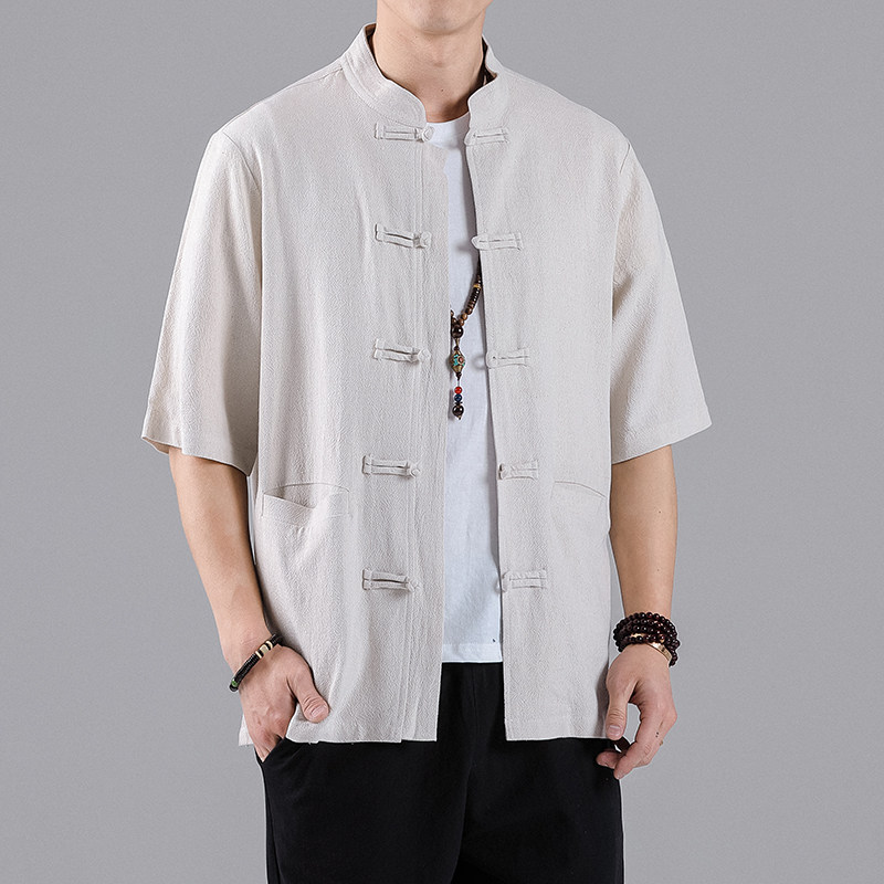 QT715-C6-P60夏季风坠感开衫短袖衬衫麻料立领男半袖衬衣-麻图片