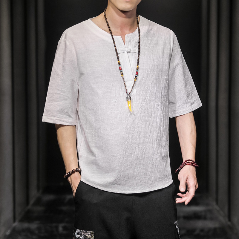 QT715-7025-P35夏季风V领汉服七分袖T恤棉麻男短袖体恤-黑,男装T恤,钱塘715