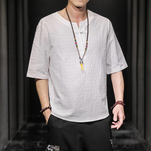QT715-7025-P35夏季风V领汉服七分袖T恤棉麻男短袖体恤-黑图片