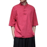 QT715-825-P60夏季风炒色棉麻短袖T恤盘扣立领宽松体恤-墨绿，男装T恤，钱塘715