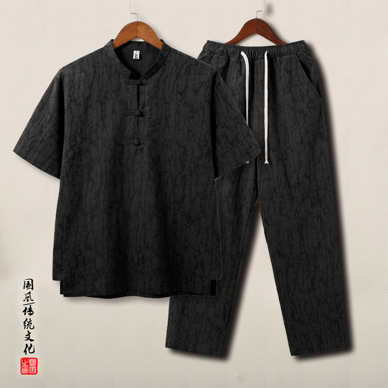 QT715-TZ815-P115夏季风提花棉麻短袖T恤套装男大码盘扣立领3,男装T恤,钱塘715