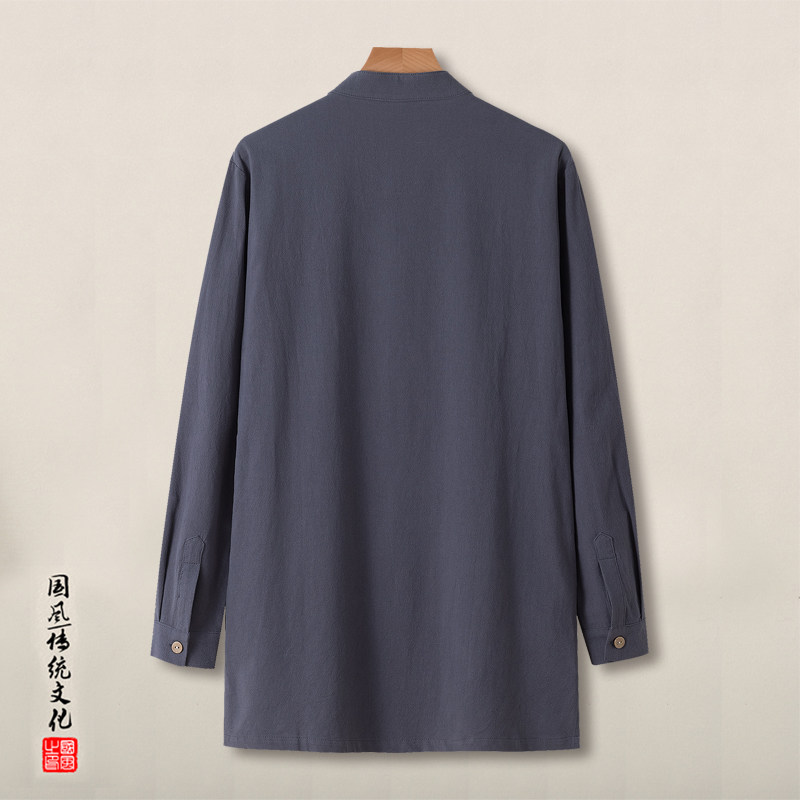 QT715-C7211-P65春秋风棉麻中长款风衣男中式唐装长袖衬衣-灰,男装风衣,钱塘715