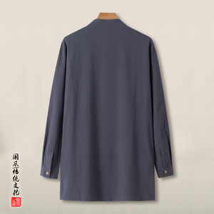 QT715-C7211-P65春秋风棉麻中长款风衣男中式唐装长袖衬衣-灰,风衣搭配衬衣图片大全图片