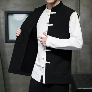 QT715-805-P65风秋冬棉麻加绒加厚马甲男中式复古唐装背心-黑,男装背心/马甲,钱塘715