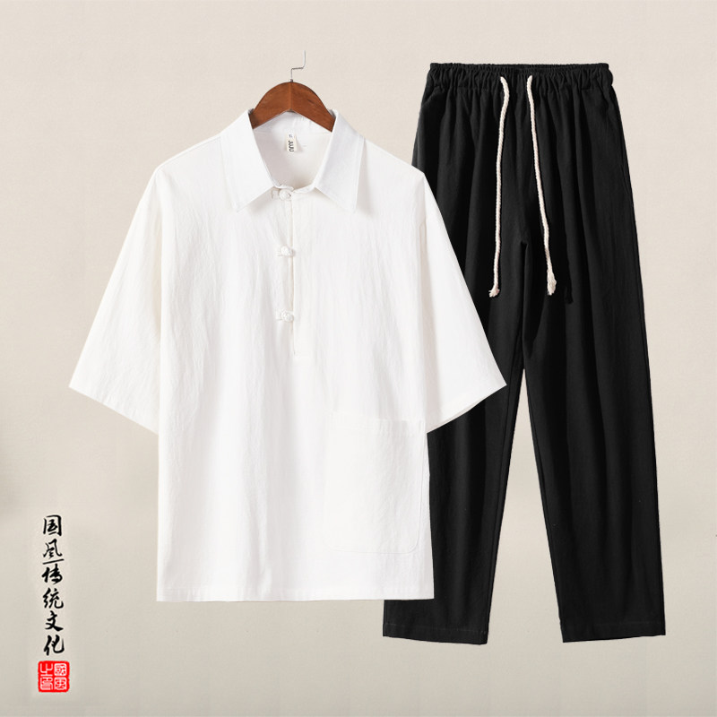 QT715-TZ823-P90夏季风棉麻T恤套装男宽松潮唐装两件套-1,男装T恤,钱塘715