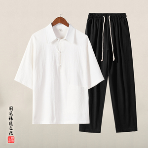 QT715-TZ823-P90夏季风棉麻T恤套装男宽松潮唐装两件套-1,藕粉色夏季阔腿裤怎样搭配图片