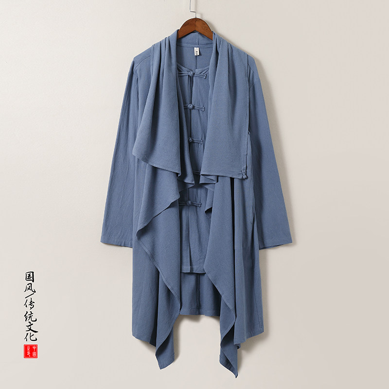 QT715-C818-P115风亚麻古装禅修假两件衬衫汉服居士风衣男-黑,男装风衣,钱塘715
