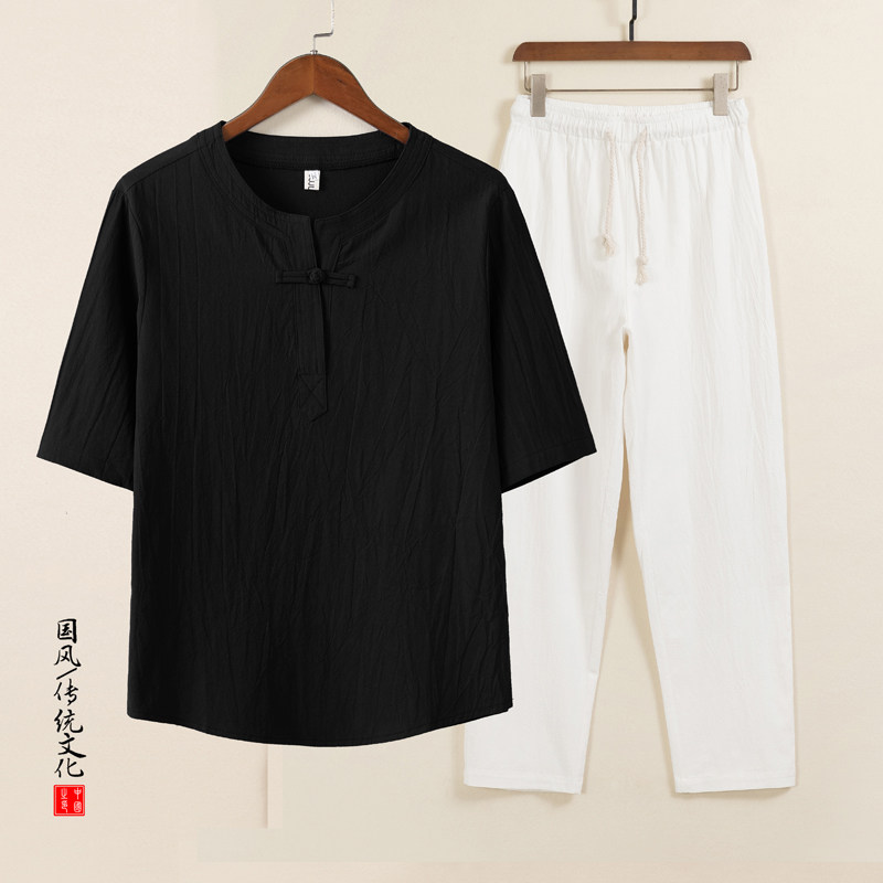 QT715-TZ7025-P73风棉麻两件套男中年短袖T恤套装-7图片