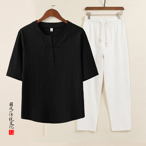 QT715-TZ7025-P73风棉麻两件套男中年短袖T恤套装-7图片