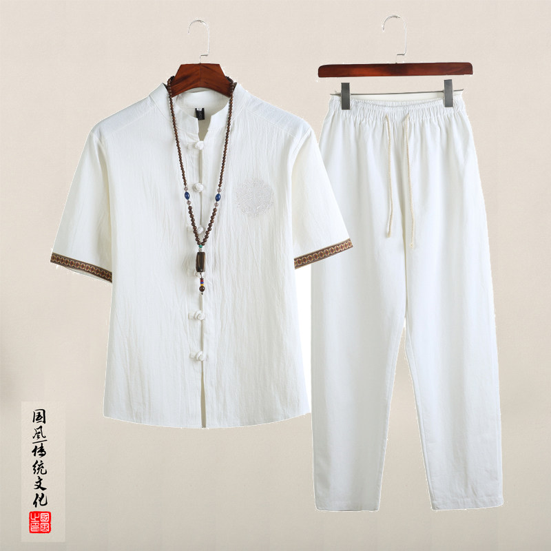 QT715-TZ7056-P80风棉麻短袖衬衫套装男唐装复古两件套-黑,男装衬衫,钱塘715