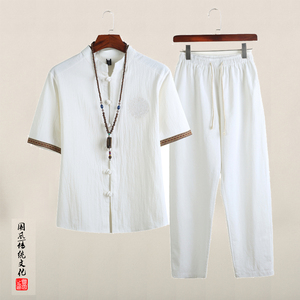 QT715-TZ7056-P80风棉麻短袖衬衫套装男唐装复古两件套-黑图片