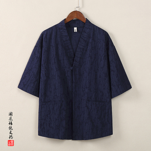QT715-C808-P60风夏季V领短袖衬衫男棉麻提花唐装衬衣-白图片