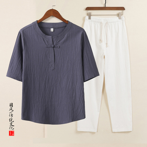 QT715-TZ7025-P73风棉麻两件套男中年短袖T恤套装-6图片