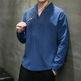QT715-7029-P40风春秋棉麻长袖T恤中式复古汉服打底唐装-白，男装T恤，钱塘715