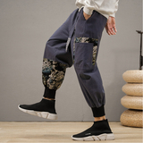 QT715-K7104-P65风棉麻休闲裤拼接民族风萝卜束脚裤送腰带-蓝，男装民族服装，钱塘715