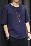 QT715-7025-P35夏季风V领汉服七分袖T恤棉麻男短袖体恤-蓝，男装T恤，钱塘715
