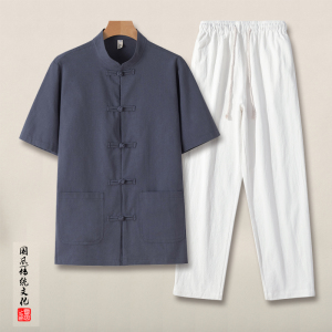 QT715-TZ7010-P90风夏季棉麻衬衫套装男士中式唐装两件套-黑图片