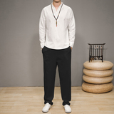 QT715-7074-P75春秋风棉麻长袖T恤长裤套装唐装汉服中式男-3，男装休闲套装，钱塘715