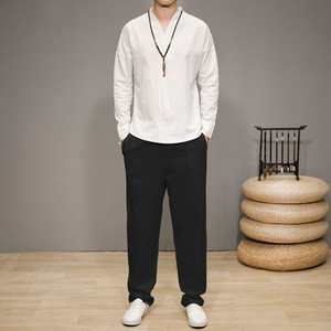 QT715-7074-P75春秋风棉麻长袖T恤长裤套装唐装汉服中式男-3图片