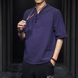 QT715-7026-P35夏季风V领汉服五分袖T恤棉麻男短袖体恤-蓝图片